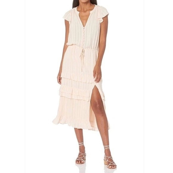 NWT PAIGE Illyria Split Neck Tiered Ruffle Midi Dress size XXS Cream Tan Blush - Picture 1 of 11
